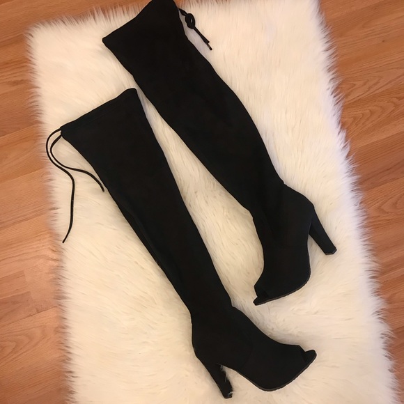 Elaine Over The Knee Peep Toe Black Suede Boots - Picture 2 of 8